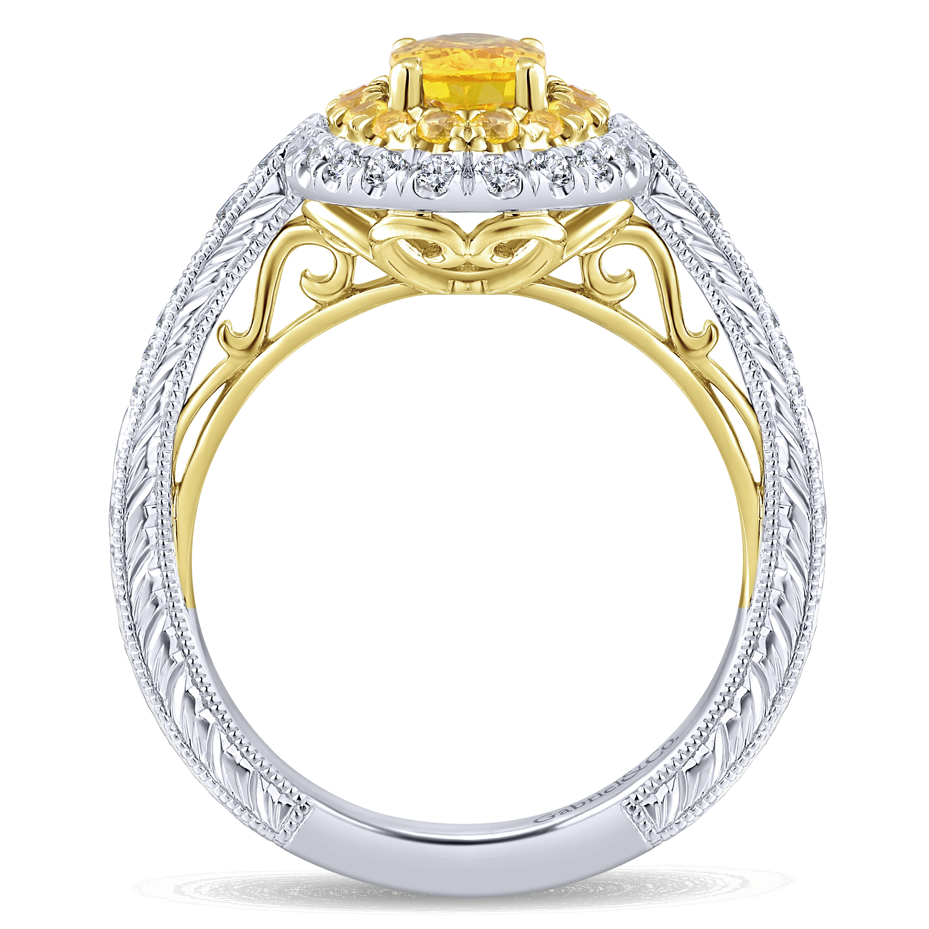 14K White-Yellow Gold Oval Double Halo Diamond and Yellow Sapphire Engagement Ring