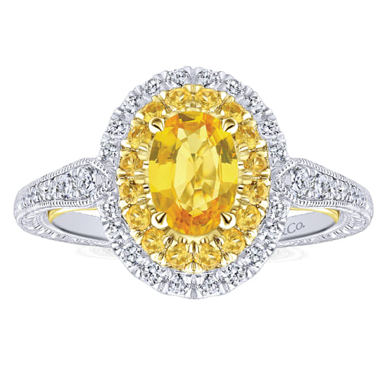 14K White-Yellow Gold Oval Double Halo Diamond and Yellow Sapphire Engagement Ring angle 5