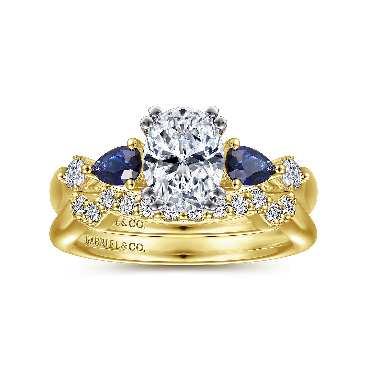 14K White-Yellow Gold Oval Five Stone Sapphire and Diamond Engagement Ring