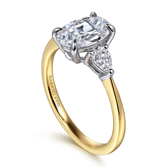 14K White-Yellow Gold Oval Three Stone Diamond Engagement Ring angle 3