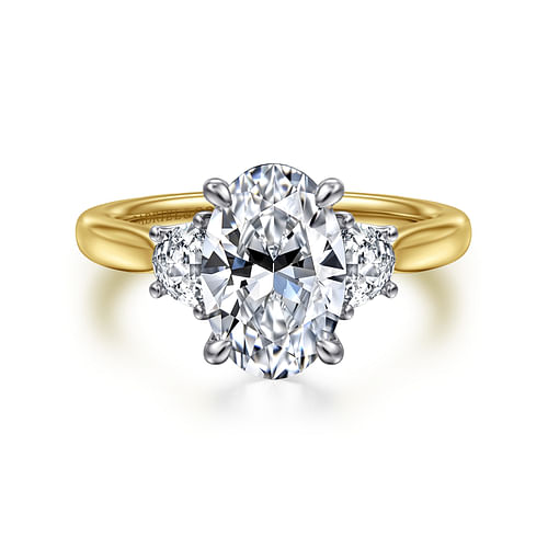 14K White-Yellow Gold Oval Three Stone Lotus Diamond Engagement Ring