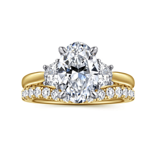 14K White-Yellow Gold Oval Three Stone Lotus Diamond Engagement Ring