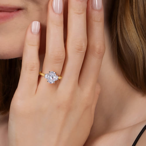 14K White-Yellow Gold Oval Three Stone Lotus Diamond Engagement Ring