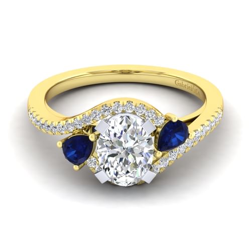 14K White-Yellow Gold Oval Three Stone Sapphire and Diamond Engagement Ring