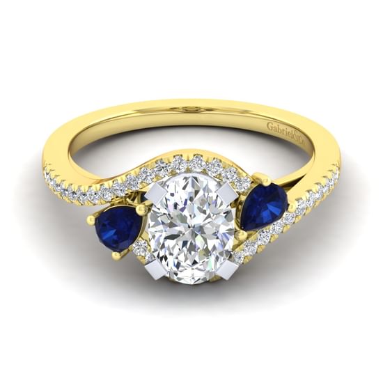 Gabriel - 14K White-Yellow Gold Oval Three Stone Sapphire and Diamond Engagement Ring