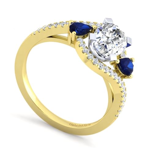 14K White-Yellow Gold Oval Three Stone Sapphire and Diamond Engagement Ring