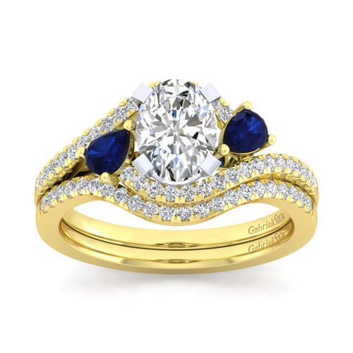 14K White-Yellow Gold Oval Three Stone Sapphire and Diamond Engagement Ring