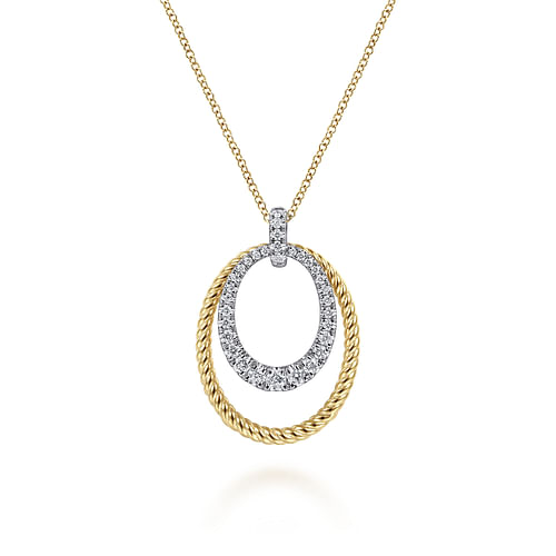 14K White-Yellow Gold Oval Twisted Rope and Pavé Diamond Pendant Necklace