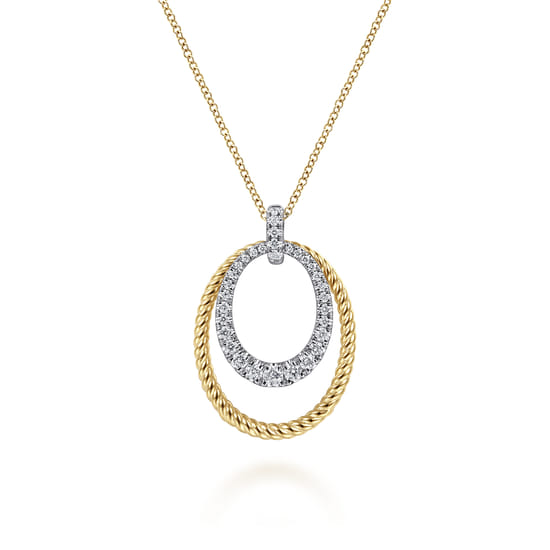 14K White-Yellow Gold Oval Twisted Rope and Pavé Diamond Pendant Necklace