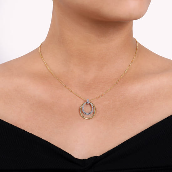 14K White-Yellow Gold Oval Twisted Rope and Pavé Diamond Pendant Necklace angle 3