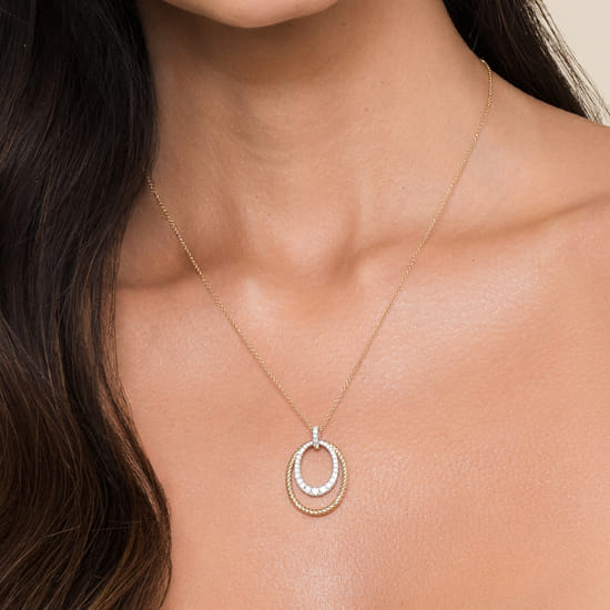 14K White-Yellow Gold Oval Twisted Rope and Pavé Diamond Pendant Necklace angle 4