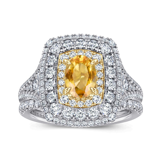 14K White-Yellow Gold Oval Yellow Sapphire and Diamond Triple Halo Engagement Ring angle 4