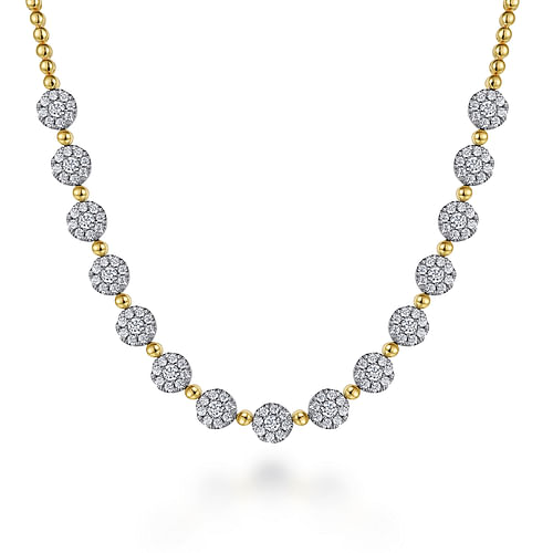 14K White-Yellow Gold Pavé Diamond Cluster Station Bujukan Necklace