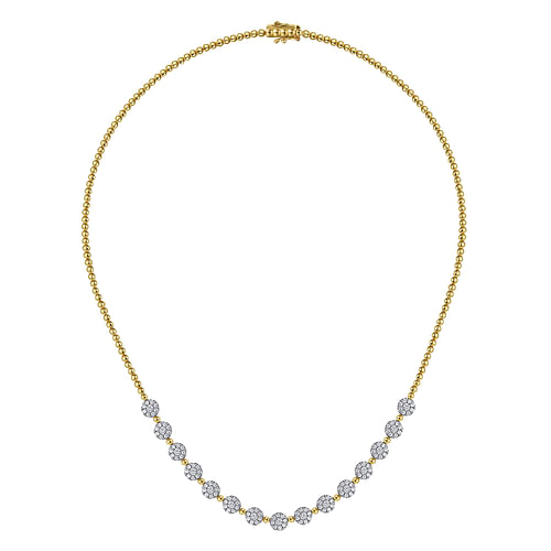 14K White-Yellow Gold Pavé Diamond Cluster Station Bujukan Necklace