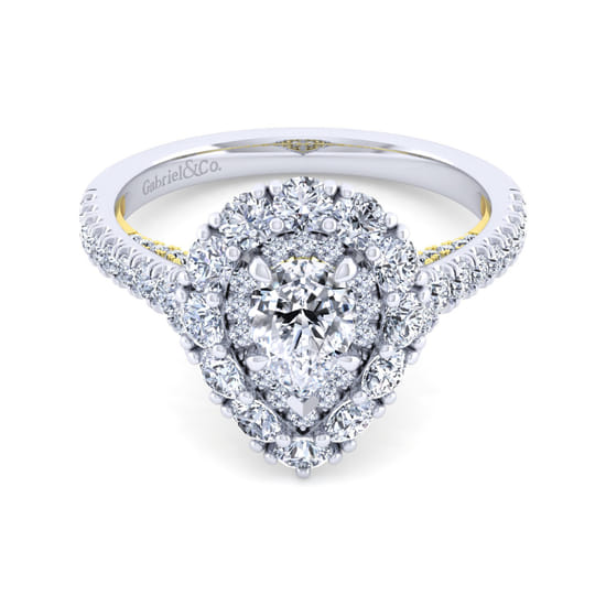 Gabriel - 14K White-Yellow Gold Pear Shape Double Halo Diamond Engagement Ring Gabriel - 14K White-Yellow Gold Pear Shape Double Halo Diamond Engagement Ring