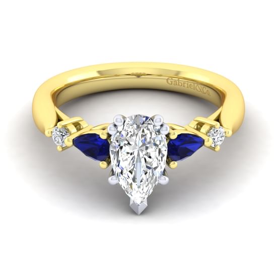 Gabriel - 14K White-Yellow Gold Pear Shape Five Stone Sapphire and Diamond Engagement Ring