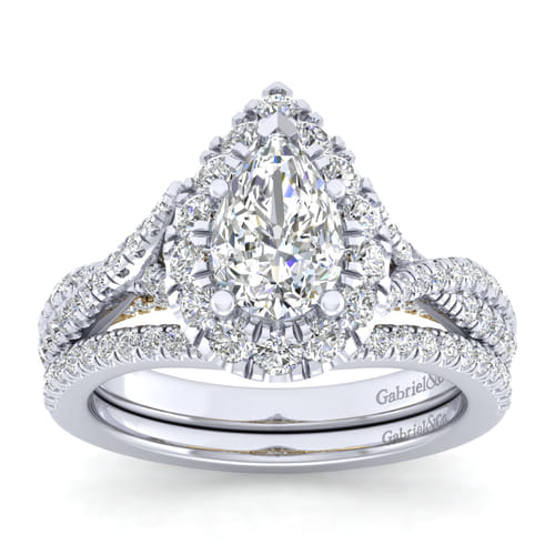 14K White-Yellow Gold Pear Shape Halo Diamond Engagement Ring
