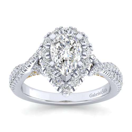 14K White-Yellow Gold Pear Shape Halo Diamond Engagement Ring