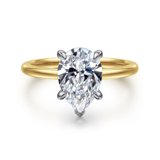 Gabriel - 14K White-Yellow Gold Pear Shape Solitaire Diamond Engagement Ring