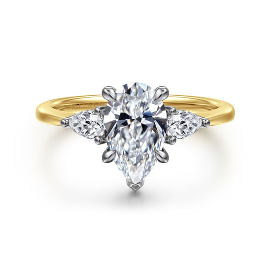 Gabriel - 14K White-Yellow Gold Pear Shape Three Stone Diamond Engagement Ring