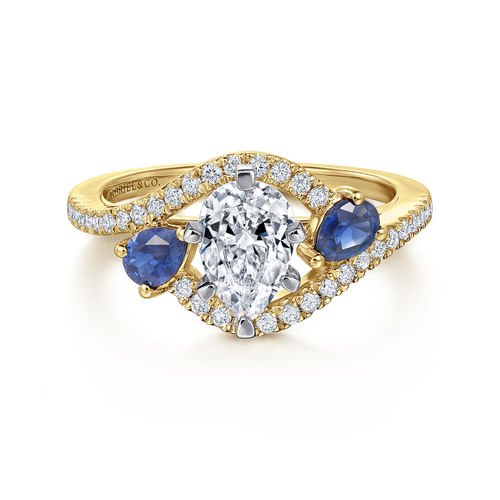 14K White-Yellow Gold Pear Shape Three Stone Sapphire and Diamond Engagement Ring