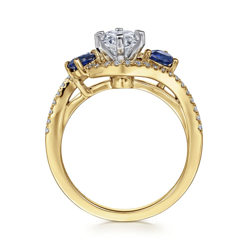 14K White-Yellow Gold Pear Shape Three Stone Sapphire and Diamond Engagement Ring