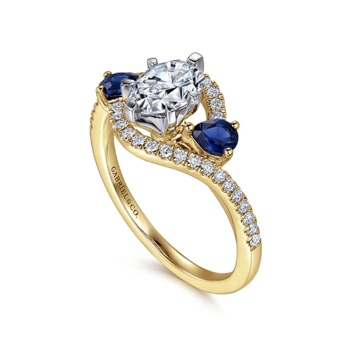 14K White-Yellow Gold Pear Shape Three Stone Sapphire and Diamond Engagement Ring