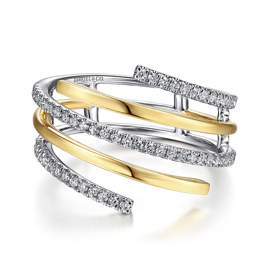 Gabriel - 14K White-Yellow Gold Plain and Diamond Row Statement Ring