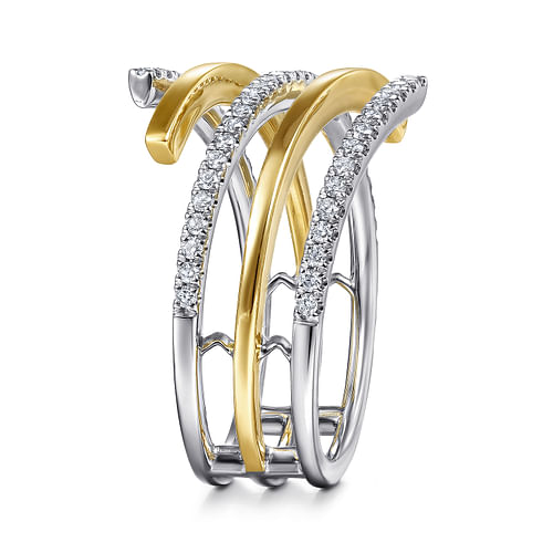 14K White-Yellow Gold Plain and Diamond Row Statement Ring