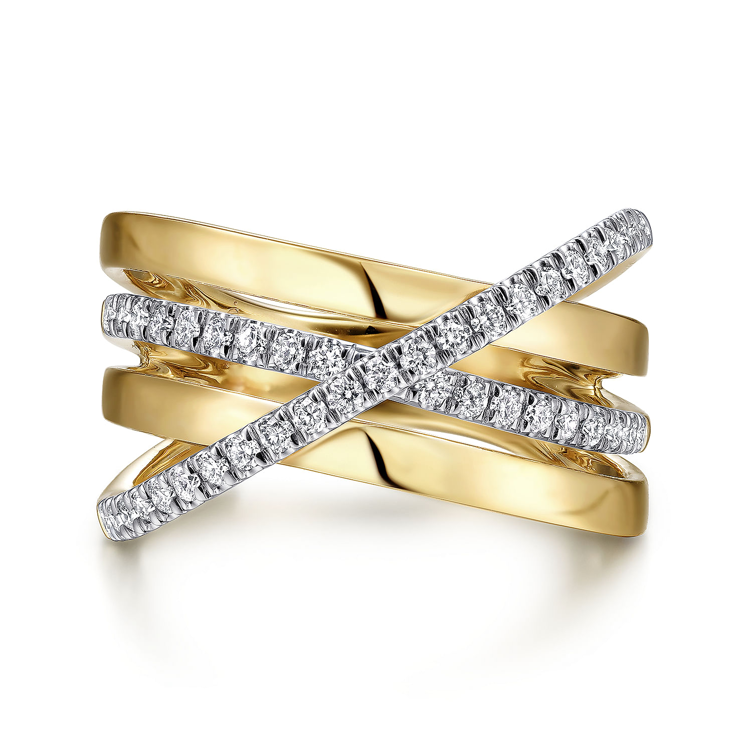 Gabriel - 14K White-Yellow Gold Polished Band and Diamond Row Criss Cross Ring