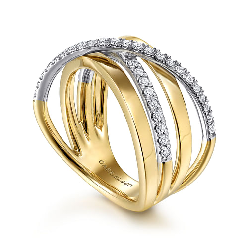 14K White-Yellow Gold Polished Band and Diamond Row Criss Cross Ring