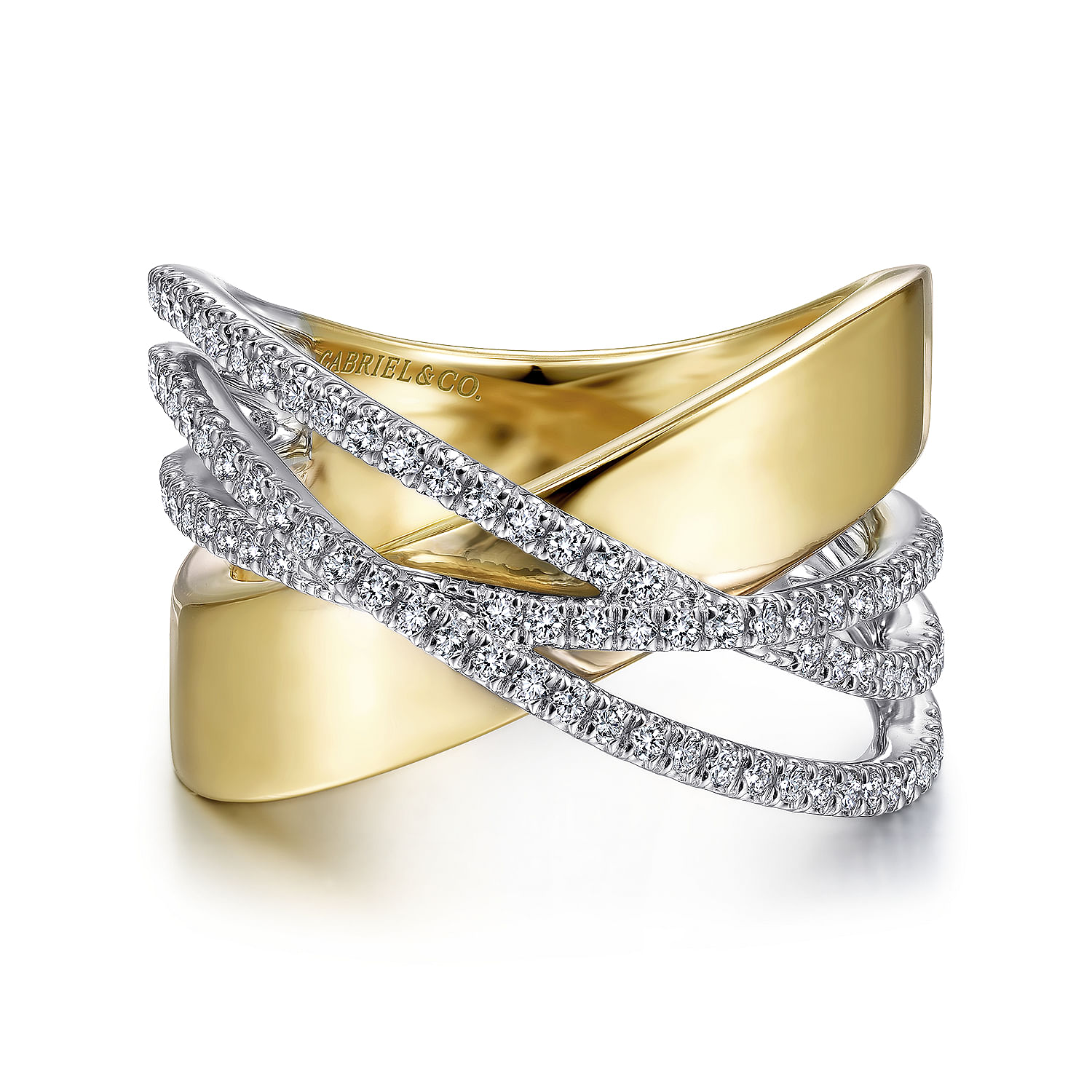 Gabriel - 14K White-Yellow Gold Polished and Diamond Bands Criss Cross Ring