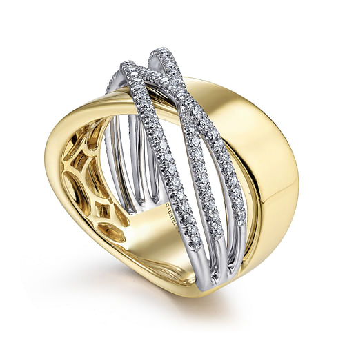 14K White-Yellow Gold Polished and Diamond Bands Criss Cross Ring