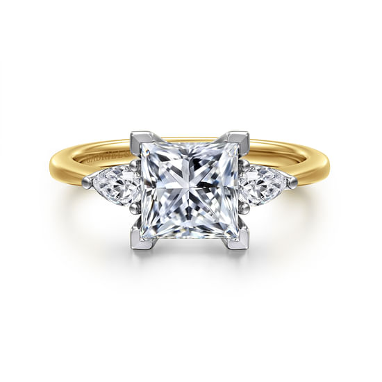Gabriel - 14K White-Yellow Gold Princess Cut Three Stone Diamond Engagement Ring