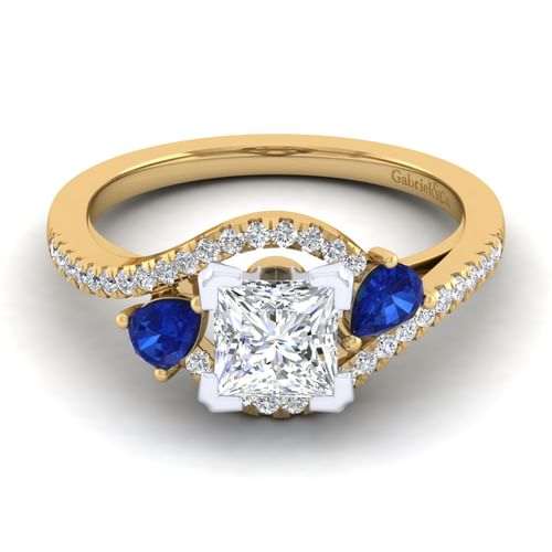 14K White-Yellow Gold Princess Cut Three Stone Sapphire and Diamond Engagement Ring