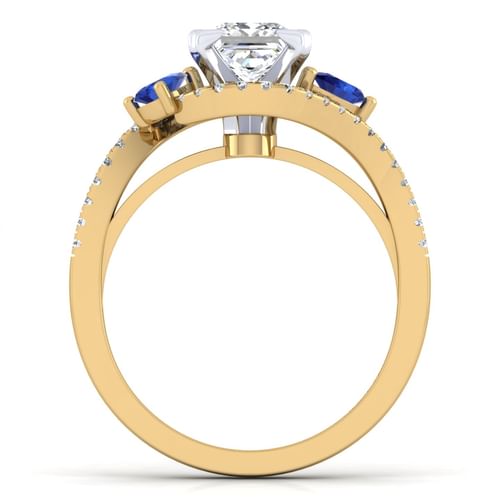 14K White-Yellow Gold Princess Cut Three Stone Sapphire and Diamond Engagement Ring