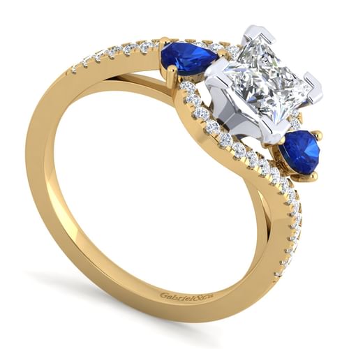 14K White-Yellow Gold Princess Cut Three Stone Sapphire and Diamond Engagement Ring