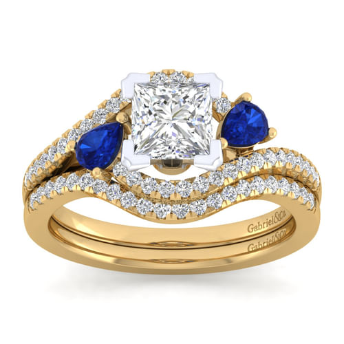 14K White-Yellow Gold Princess Cut Three Stone Sapphire and Diamond Engagement Ring