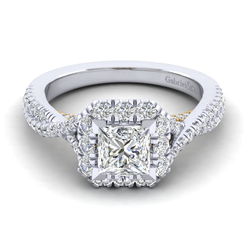 14K White-Yellow Gold Princess Halo Diamond Engagement Ring