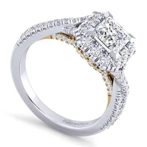 14K White-Yellow Gold Princess Halo Diamond Engagement Ring