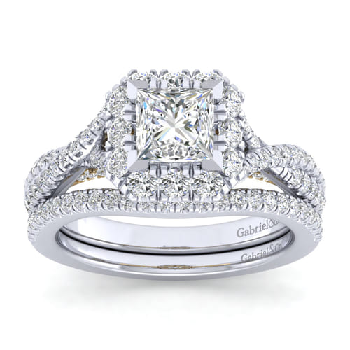 14K White-Yellow Gold Princess Halo Diamond Engagement Ring