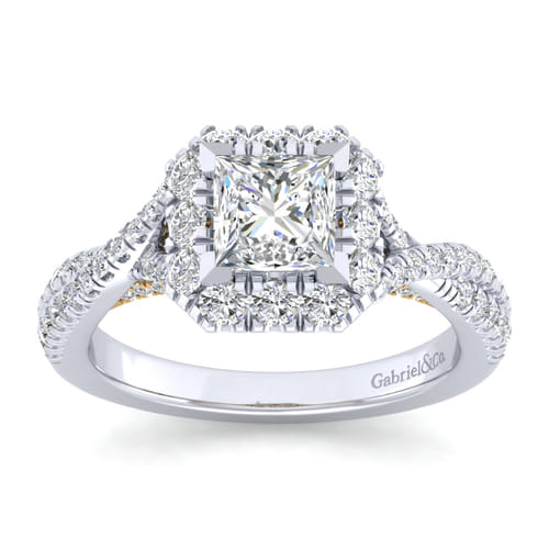 14K White-Yellow Gold Princess Halo Diamond Engagement Ring