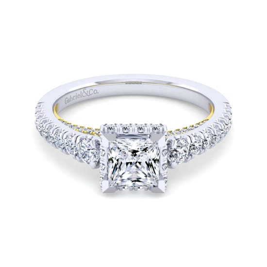 Gabriel - 14K White-Yellow Gold Princess Hidden Halo Diamond Engagement Ring