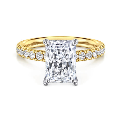 14K White-Yellow Gold Radiant Hidden Halo Diamond and Engagement Ring