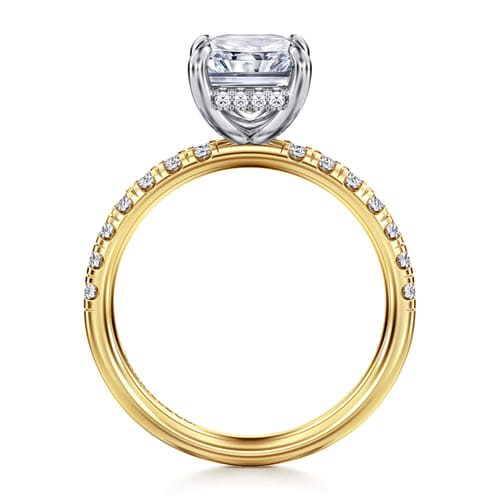 14K White-Yellow Gold Radiant Hidden Halo Diamond and Engagement Ring