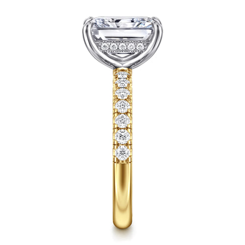 14K White-Yellow Gold Radiant Hidden Halo Diamond and Engagement Ring