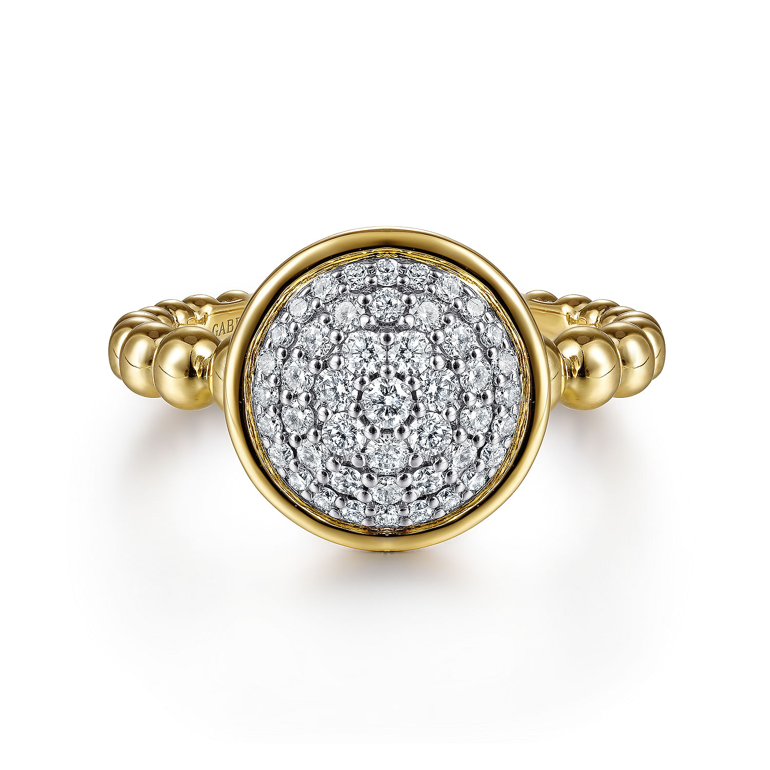 Gabriel - 14K White-Yellow Gold Round Diamond Pavé Center Ring with Bujukan Bead Shank
