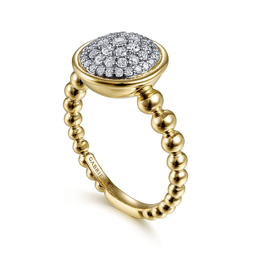 14K White-Yellow Gold Round Diamond Pavé Center Ring with Bujukan Bead Shank