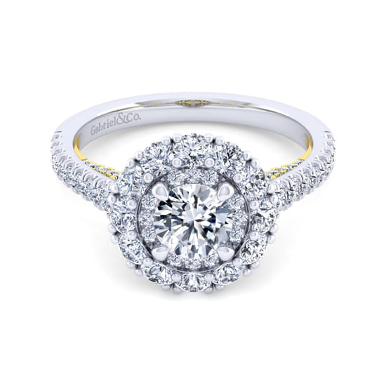 Gabriel - 14K White-Yellow Gold Round Double Halo Diamond Engagement Ring