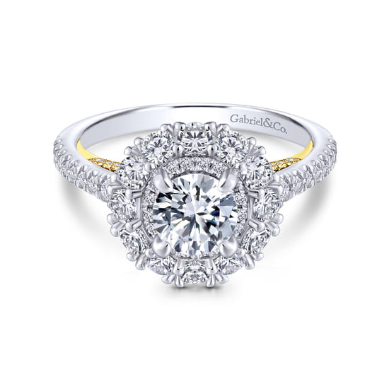 Gabriel - 14K White-Yellow Gold Round Double Halo Diamond Engagement Ring